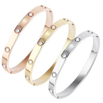 China 2020 Fashionable Jewelry Ladies Crystal Stone Cuff Stainless Steel Engraved Screw Bangle Bracelet à venda