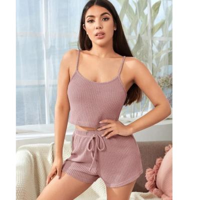 China QUICK DRY Custom Logo Shapewear Fashionable Crop Women Tank Tops Knit Waffle Two Piece Set Pajamas Home Creams Salon Wear for sale