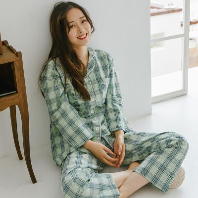 China Japanese Style Girls Lingerie Breathable Green Plaid Pajamas Set Nightgowns Sleepwear Cotton Two Piece Pajamas For Women Set for sale