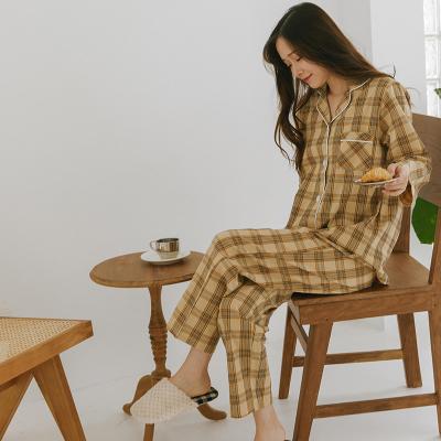 China High Quality Breathable Soft Plaid Girls Lingerie Pajamas Set Nightgowns Sleepwear Cotton Two Piece Pajamas For Women Set for sale