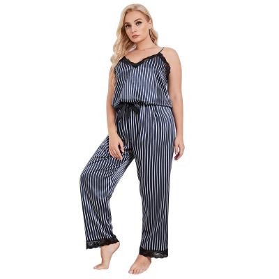 China Stripe Summer Sleepwear Breathable Lingerie 4xl 5xl Beach Wholesale Women Sexy Satin Sleepwear Top Two Piece Set Plus Size Home Pajama Sets for sale