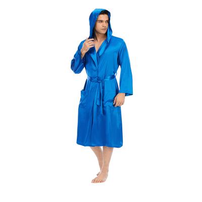 China Luxury Bright Blue QUICK DRY Silky Mid Hooded Plus Size Satin Bathrobe Long Sleepwear Loungewear Bathrobe For Men for sale