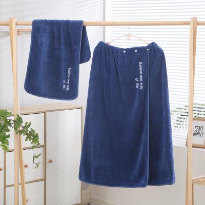 China Embroidery Navy Gray Coral Fleece Microfiber Bonus Hair Fancy QUICK DRY Towel Sets Male Bath Shower Sport Wrap Around Towel With Pocket for sale