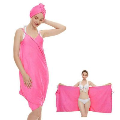 China 2 Piece Hot Pink Sexy QUICK DRY Bath Towel Ladies Designer Soft Absorbent Microfiber Turban Spa Wearable Bathing Towel Dress for sale