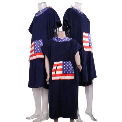 China American Flag Print Child Safe Family Set Surf Adult Poncho Hooded Towel Changing Microfiber Bathrobe Beach Outdoor Warm Coat Robe for sale