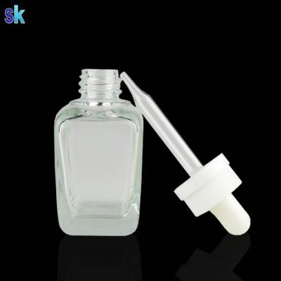 China Factory sale 15ml clear E liquid/e juice/e cig oil/essential oil 30ml square clear glass dropper bottle for sale