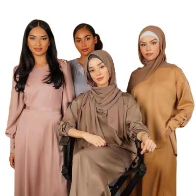 China 2022 Modest Muslimah Styling EID Two-Piece Muslim Abaya Set Modest Fashion Wholesale Satin for sale