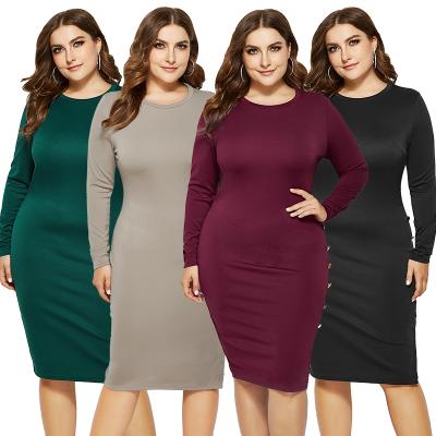 China Modest Plus Size Women's Button Package Hip Skirt Long Sleeve Solid Color Casual Dress for sale