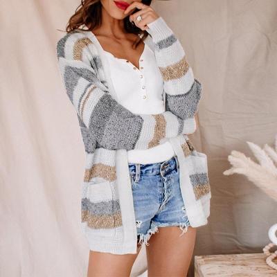 China 2021 Hot Anti-wrinkle Popular Long Sleeve Colorblock Front Sweater Cardigan Women Fall Open Coats for sale