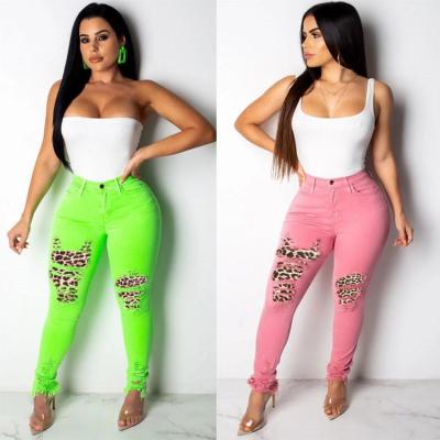 China New candy color women's high waist ripped hole denim casual pants QUICK DRY skinny sexy sportswear jeans women's casual pants for sale