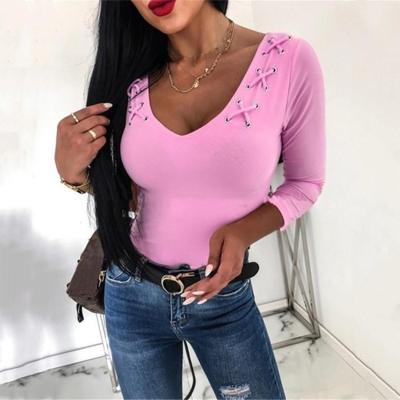 China Anti-Wrinkle 2021 Autumn Pop Solid Color Sexy U-neck Long Sleeve Slim T-shirt Top Women for sale