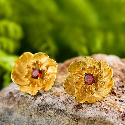 China Woman 925 Sterling Silver Tourmaline Earring Jewelry Vintage Lotus Fun Blooming Anemone Flower Stud Earring for sale