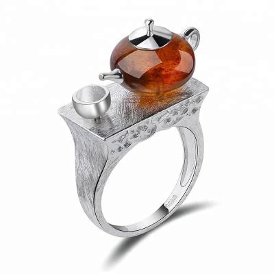 China Environmentally Friendly Cute Silver Amber Gemstone Ring Custom Vintage Design 925 Teapot Ring for sale