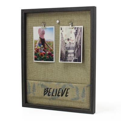 China Fashionable New Design Rustic Gray Canvas Note Board Shade Display Frame With Cloth Bag Clip Nail for sale