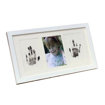 China Decoration Baby's Handprint Footprint Memory Kit Picture Wood Frame With Ink Pads Keepsake Unique New Baby Growing Kit Gift for sale