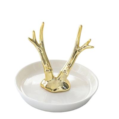 China Morden Customized Gold Ceramic Antler Ring Holder Trinket Dish Jewelry Tray To Wedding Home Decor for sale