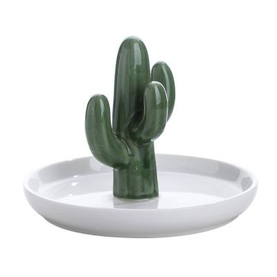 China New Arrival Ceramic Cactus Ring Holder Decorative Green Cactus Jewelri Display Packaging Tray for sale