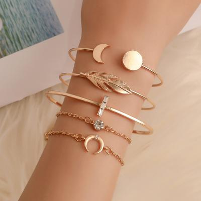 China TRENDY Y&Y Fashion Personality 5 Piece Set Combination Retro Style Ladies Combine Open Leaf Moon Bangle Bracelet for sale