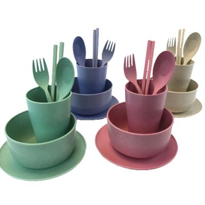 China 4 Color Biodegradable Portable Custom Bamboo Fiber Dinnerware Set Cup Bowl Dishes With Cutlery And Handle Easy To Move for sale