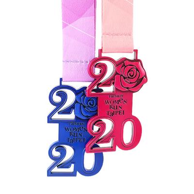 China Europe Factory Colorful E-coating Rose Design Simple Figure Women Run Medals With Ribbon for sale