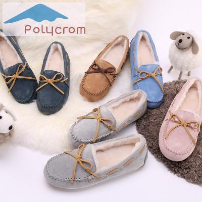 China Customized real women lambswool flat loafers striping real sheepskin moccasins winter sheepskin moccasin for sale