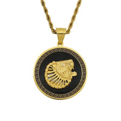 China Retro CLASSIC Unique Egyptian Black Epoxy Rhinestone Lion Luxury Gold Plated Stainless Steel Pendant Jewelry for sale