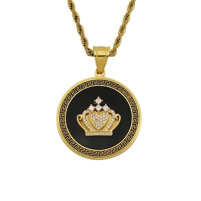 China CLASSIC unique black epoxy shiny diamond ice design luxury hip-hop gold plated stainless steel crown jewelry for sale