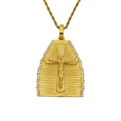 China Religious Fine Gold Card Form Hot Sale Ice Blessing Christian Stainless Steel Jewelry Crucified Jesus Pendant for sale