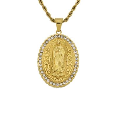 China Religious 18K Gold Ice Catholicism Blessed Mother of God Plated Stainless Steel Belief Virgin Mary Pendant for sale