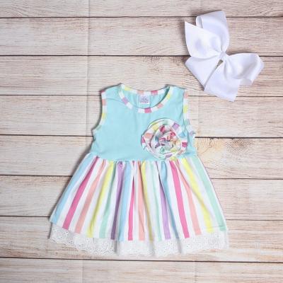 China New summer baby casual dress rainbow cute lace ruffle boutique borders clothes big flower on the chest for sale