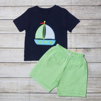 China Wholesale Casual Loose Kids Clothing Set Cute Toddler Summer Cotton Seersucker Kids Boy Boutique Clothing Sets for sale