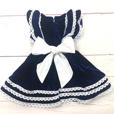 China New children's clothing baby casual dress pure gold color velvet skirt girl lace ruffle bow on the back boutique children dress for sale