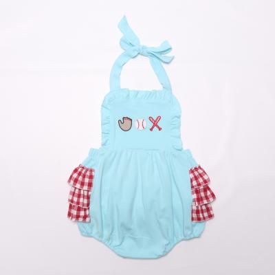 China Boutique Rompers Infant Baseball Romper Embroidery Ruffle Baby Clothes Cotton Breathable/Comfortable Romper for sale