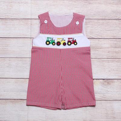 China Wholesale 100% Smocked Baby Rompers Breathable/Comfortable Toddler Boys Simple Cotton Tractor Embroidery Overalls Boys Clothes for sale