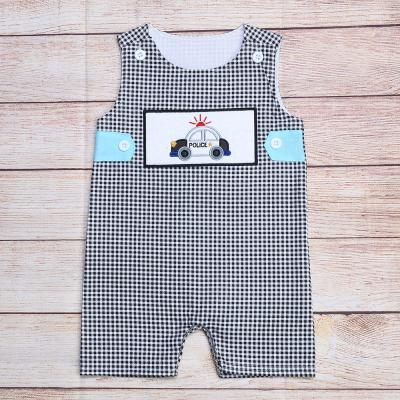 China Wholesale Breathable/Comfortable Police Cartoon Embroidery Toddler Boys Romper Baby Sleeveless Plaid Clothes Boutique Summer Outfits for sale