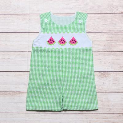 China Breathable/Comfortable Watermelon Embroidery Cartoon Shirt Supplier Gold Toddler Boys Sleeveless Romper Baby Clothes Summer Boutique Fresh Green Suit for sale