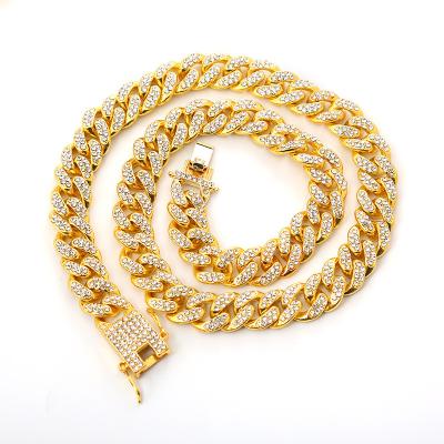 China Hiphop 2021 New Men's 18k Gold Plated Crystal Rhinestone Hip Hop Miami Cuban Link Chain Necklaces for sale