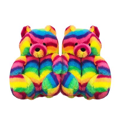 China Wholesale Unisex Red-Brown Bedroom Teddy Bear Slippers Animal Bedroom Teddy Bear Slipper Plush Fur Fashion Trend Rainbow for sale