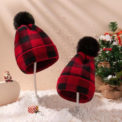 China COMMON Christmas 2 PCs Set Knitted Baby Pompom Hat Grid Mum And Me Winter Matching Beanies Hat for sale