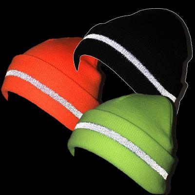 China JOINT Logo Custom Embroidery Reflective Yarn Knit Beanie Hat Night Visibility Safety Unisex Sports Ski Hat for sale