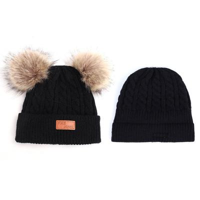 China JOINT Wholesale Custom Winter Fashion Double Fur Pom Pom Toddler Hats Knitted Baby Beanie With Scarf For Kids for sale