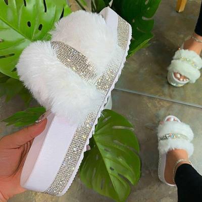 China Fashion Trend Women Fur Slides Diamond Indoor Fluffy Flat Slippers Ladies Fashion High Heel Slides Wholesales Large Size Slips Slippers for sale