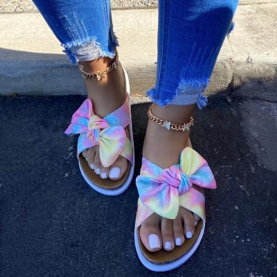 China 2021 fashion trend new arrival summer beach thick bottom leopard link dye bow knot colorful slippers slides for outdoor ladies for sale