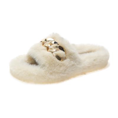 China Fashion Trend 2021 Custom Made Women Winter Fashion Metal Gold Chain Plush Fur Slippers Flat Warm Slippers Slips Outdoor Indoor for sale