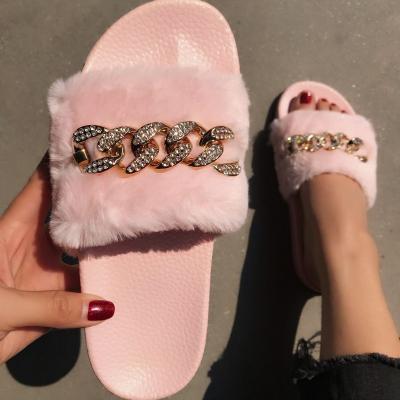 China OEM Fashion Trend Slippers Fluffy Chain Flat Plush Shoes Luxury Plush Fur Slips Winter Spring Women Outdoor Ladies for sale