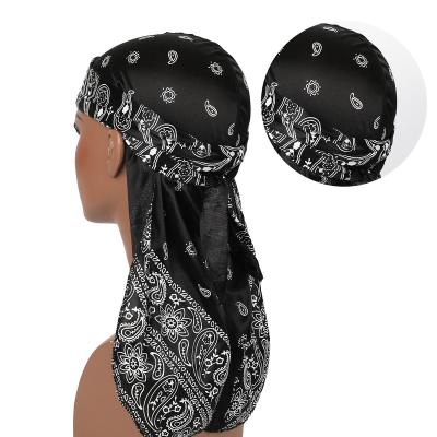 China Multifunctional Unisex Long Tail Paisley Durag Silky Caps for Men's Satin Doo Rag Bandana Pirate Amazon Designer Headbands Waves Headwraps for sale