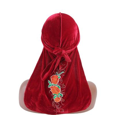 China Multifunctional Promotional Velvet Rose Flower Pattern Luxury Durag Muslim Bulk Rags Turban Headwrap OEM for sale