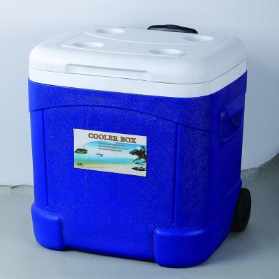 China Waterproof Portable 55L Performance Rolled Long Cooler Storage Ice Cooler Box With Bule Hot Selling Big Cart Plastic Cooler Box for sale