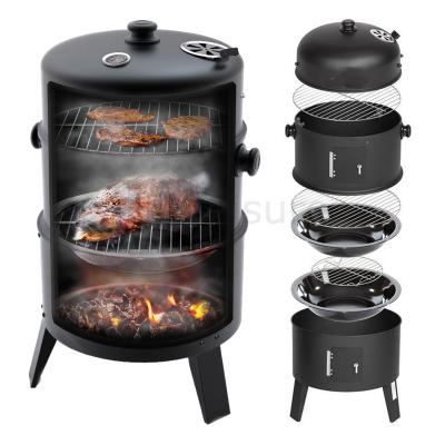 China Easily Assembled 3 in 1 Charcoal BBQ Grill Smokeless Smoker 3 Layer Tower Rotating Charcoal BBQ Grill for sale