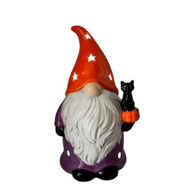 China Gnome LED Lighted Ceramic Gnome with Cat for Halloween Decoration for sale